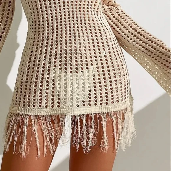 Hollow Out Tassel Trim Dress, Sexy Beach Wear Long Sleeve Cover Up Dress - Picture 4 of 4